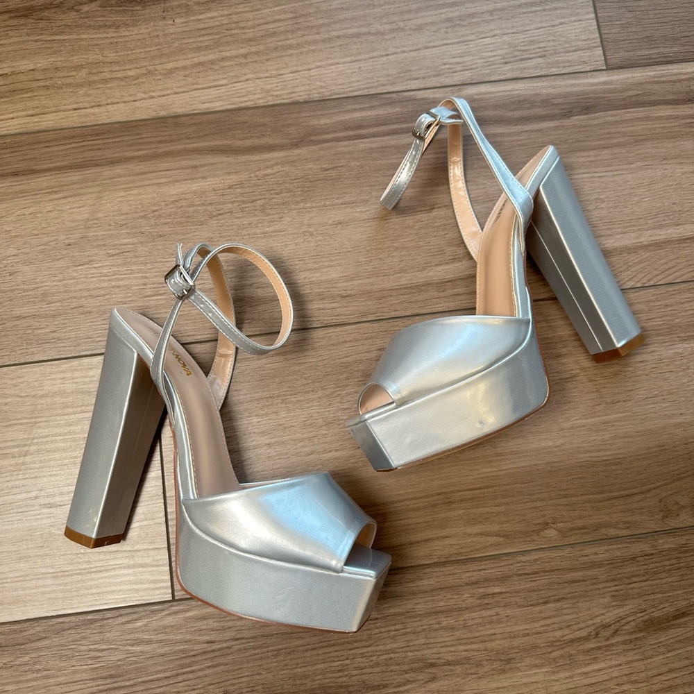 Fashion Nova Silver Platform Block Heel Sandals with Ankle Strap - Picture 4 of 11